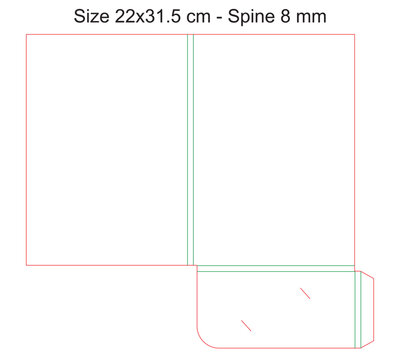 Corporate presentation folder dieline template with spine and one pockets, size 22x31.5 cm