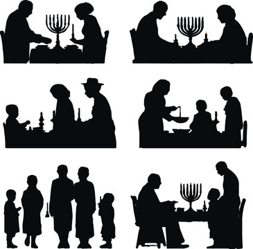 Black silhouette vector illustration set showing jewish families celebrating hanukkah traditions with a menorah and candles in various domestic settings