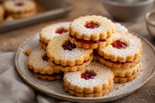 Frische Spitzbuben mit fruchtiger Marmeladenf&uuml;llung und Puderzucker auf rustikalem Teller. Traditionell deutsches Weihnachtsgeb&auml;ck f&uuml;r Advent, Feiertage und gem&uuml;tliche Wintertage.