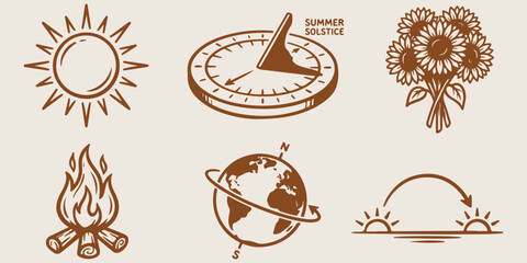 Summer solstice nature icons sun sundial sunflowers campfire globe hand drawn vector illustration art design collection season astronomy  © Afiya bano