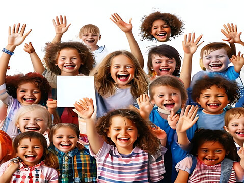 Joyful diverse children celebrating together outdoors.