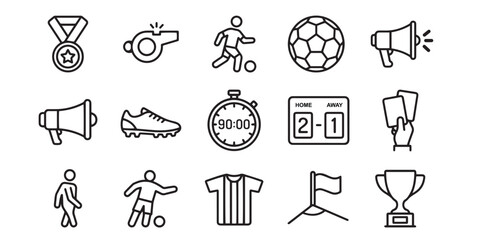 Football Line Icons Collection. Soccer Match Equipment and Referee Symbols Set. © Noor