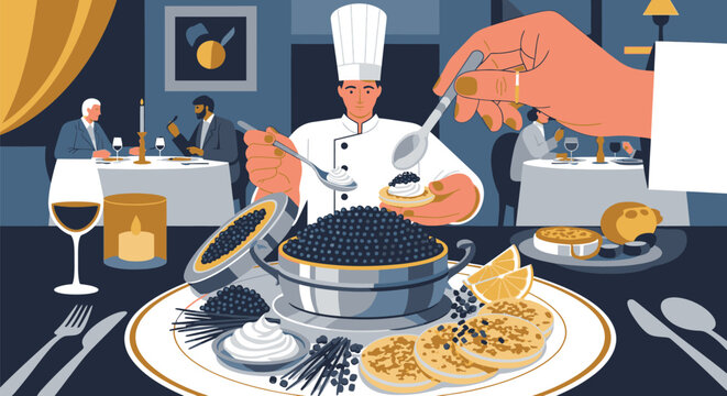 A luxurious dinner scene with a chef serving caviar to a guest at a fancy restaurant table with food and drinks.