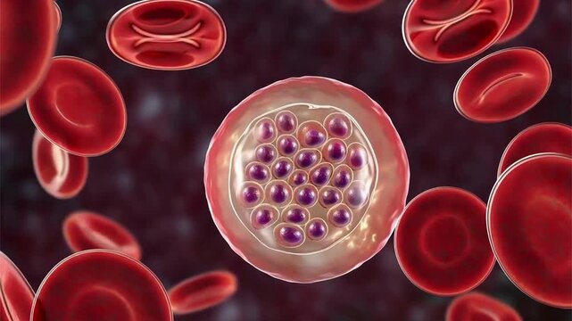 Plasmodium falciparum schizont stage, 3D animation showing mature intraerythrocytic schizont containing multiple merozoites within an infected red blood cell in falciparum malaria.