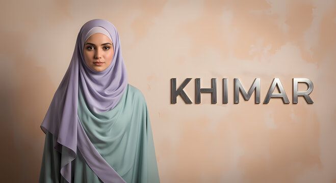 A woman wears a purple hijab and a teal dress, with the word "KHIMAR" in silver letters on the right.