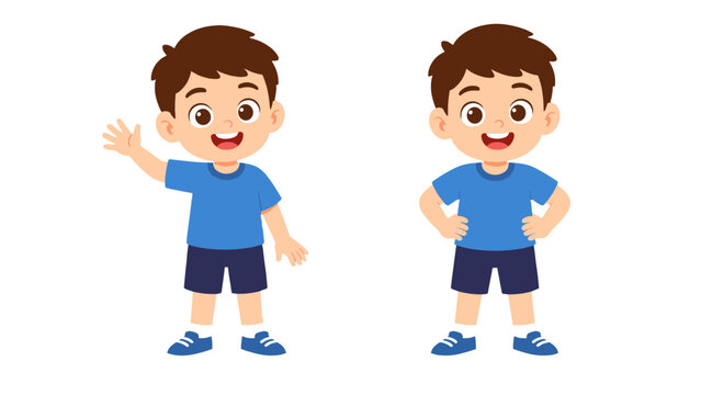 Cartoon boy character in two standing poses on white background