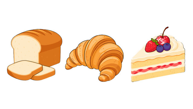 Bakery vector set with bread loaf croissant and cake slice