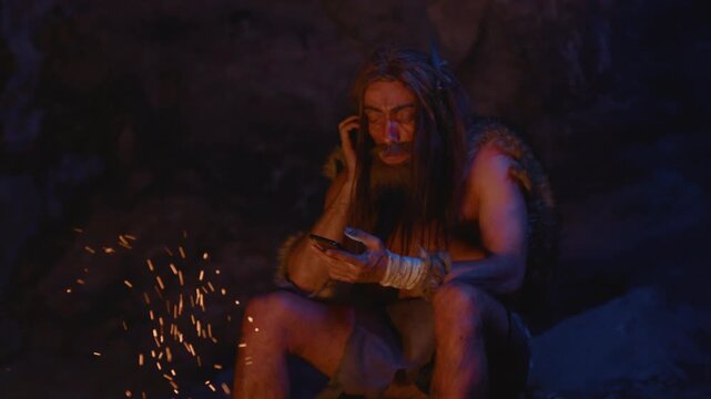 A Cave Dweller Engaged with Ancient Tools within a Primitive and Natural Setting