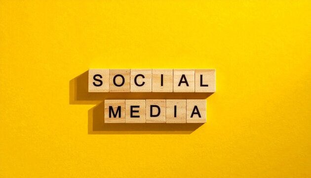 Wooden Scrabble Tiles Spelling Social Media on Bright Yellow Background Representing Communication, Digital Interaction, and Motivational Connectivity