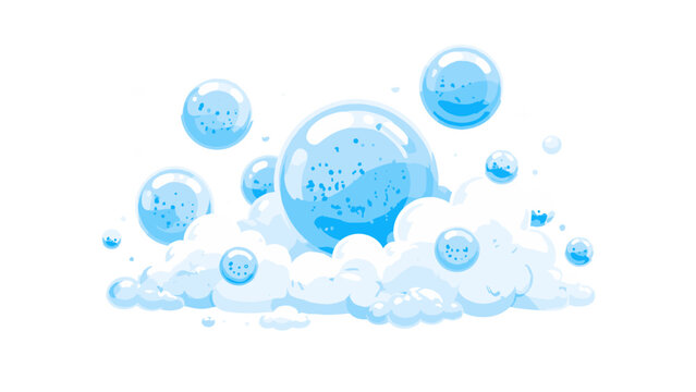Blue soap bubbles and foam cluster on white background