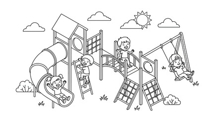 Obraz premium Playground Scene With Children Line Art Illustration