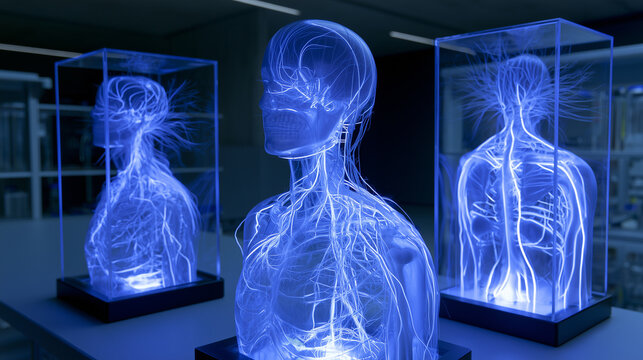 Anatomical models of the nervous system glowing under blue laboratory lighting