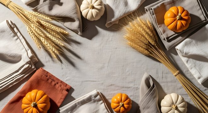 Autumn table setting with pumpkins and wheat stalks on a linen tablecloth, top view with copy space for thanksgiving or harvest festival