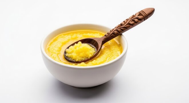 Pure homemade desi ghee in a rustic white ceramic bowl with a carved wooden spoon, isolated on a clean white background. Healthy fat for cooking, richness, ingredient, saturated fat