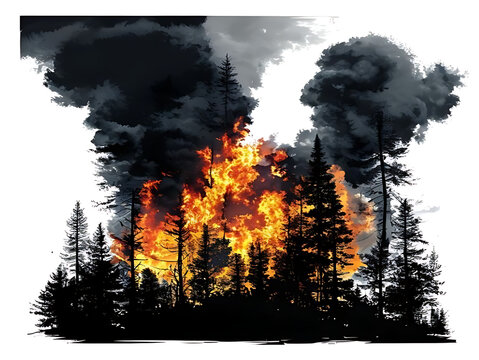 Wildfire burning through dense forest at night.