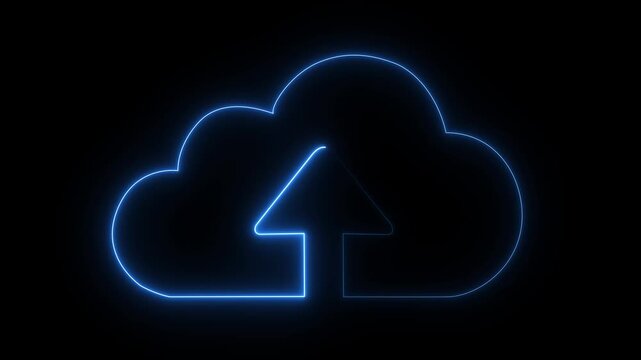 Glowing neon line Cloud file upload with loading bar icon animation on black background. Data storage icon concept.
