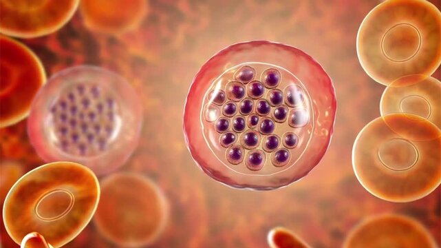 Plasmodium falciparum schizont stage, 3D animation showing mature intraerythrocytic schizont containing multiple merozoites within an infected red blood cell in falciparum malaria.