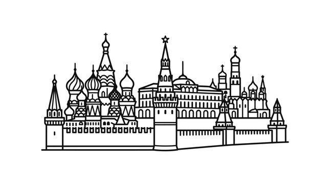 Black and White Kremlin Architectural Illustration.