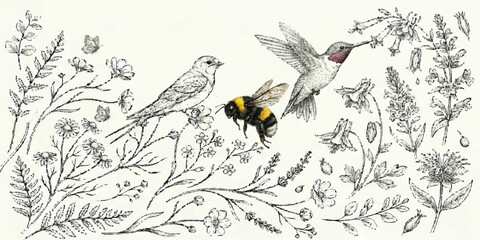Garden Whimsy: A delicate watercolor illustration captures a hummingbird hovering amidst blooming flowers, while a fuzzy bumblebee buzzes near a small bird perched on a delicate branch. © MDSyedAhmed