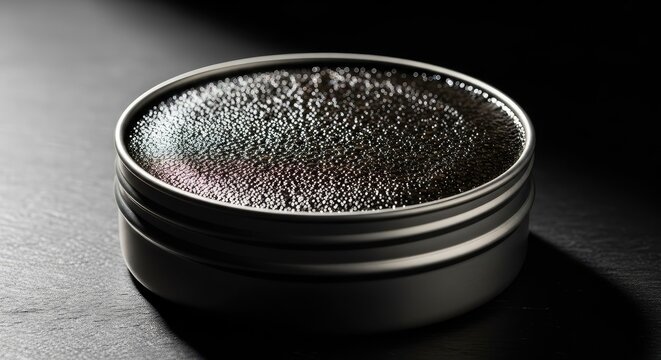 A luxurious metallic tin filled with smooth gourmet caviar paste sits elegantly on a dark textured surface with dramatic lighting and shadows, spreadable, paste, salty