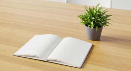 Fototapeta premium A minimalist wooden table features a blank open notebook and a small green plant in a pot, ideal for a clean home office or modern decor, notebook, natural, modern