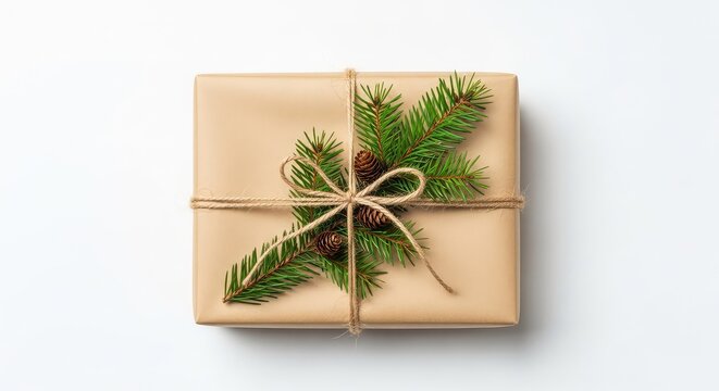 A minimalist eco-friendly Christmas gift wrapped in brown kraft paper, tied with natural jute twine and decorated with fresh pine sprigs, eco-friendly, kraft, packaging