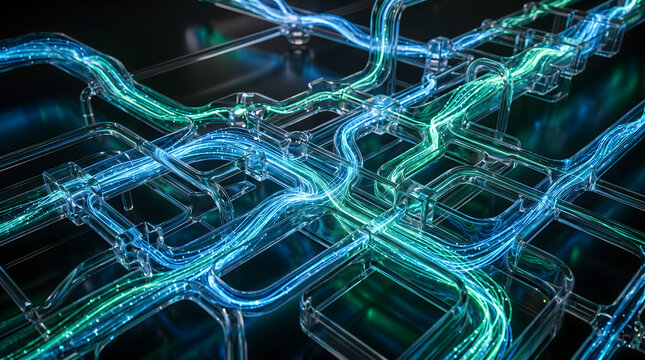 Abstract network of glowing blue and green data cables transmitting light through transparent conduits representing high-speed connectivity and technology.