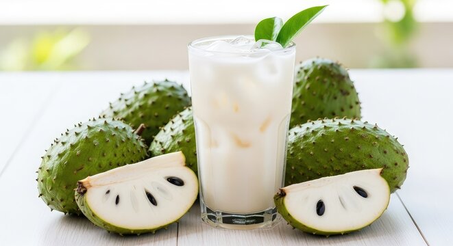 A tall glass of chilled soursop juice sits among whole prickly guanabana fruits and fresh white slices on a bright, natural background, natural, superfood, antioxidant