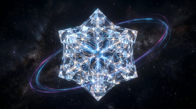 Intricate diamond geometric star polyhedron with glowing luminous energy circuits and swirling light trails in cosmic starry nebula background.