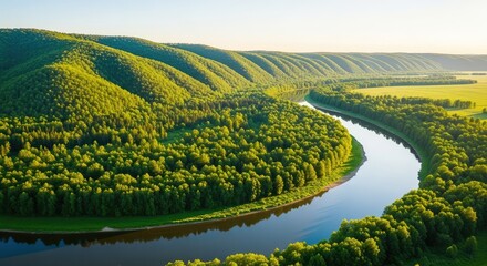 Fototapeta premium An expansive aerial view showcases a shimmering, winding river snaking through a dense, vibrant green forest and rolling emerald hillsides, winding, remote, green