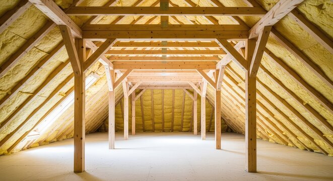 Bright attic under construction showing exposed wooden structural beams and soft yellow insulation layers within a large open interior room, insulation, rafters, renovation