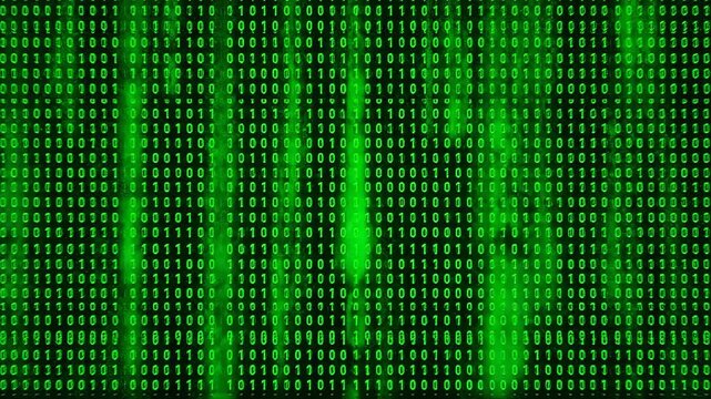 Glowing green matrix of binary code streaming down a dark screen