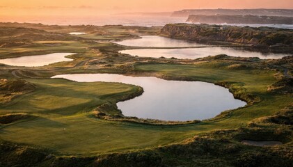 Fototapeta premium Wide overhead medium shot showing coastal golf course fairways and reflective water hazards illuminated by golden sunrise with distant cliffs artistically out of focus.