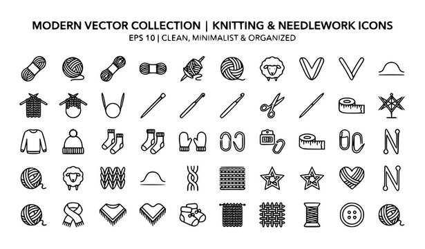 Knitting and crochet outline icon collection vector