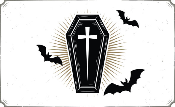 Detailed vintage gothic illustration of a black coffin with a cross and bats flying under a radiant mystical light.