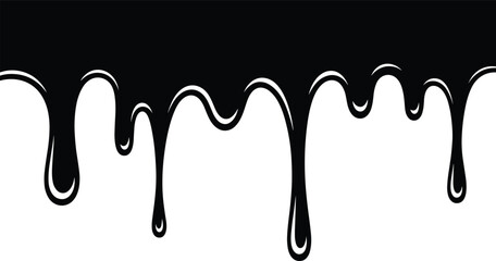Bold minimalist vector illustration of black paint or viscous oil dripping down a white surface with shiny highlights. ©  Victory Pixel