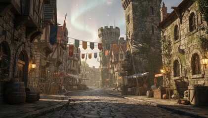 Fototapeta premium Medium shot capturing a medieval fantasy streetscape with towering stone buildings colorful banners and a cobblestone path winding beneath a bright enchanted sky.