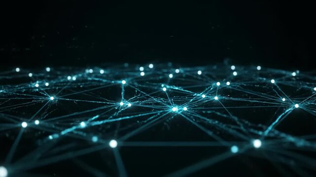 Glowing points and connected lines forming an abstract, digital network, on a black background