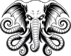 Menacing elephant head octopus hybrid creature with aggressive white eyes and curled tentacles in a bold woodcut style. ©  Victory Pixel