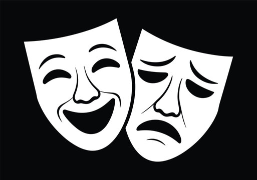 Classic comedy and tragedy theater masks illustrate a dramatic range of human emotions on a stark black background.