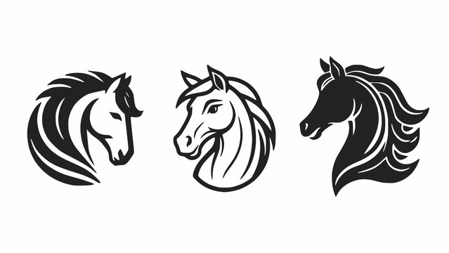 Horse Head Silhouettes, Black And White Vector Illustrations