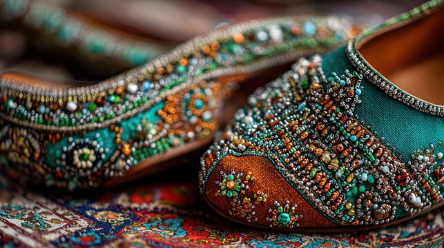 Exquisite Embellishment: A close-up shot reveals the intricate detail of two traditional embellished footwear, showcasing vibrant turquoise, amber.