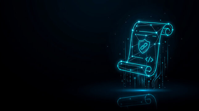 Illustrative digital art showing a scroll with a shield and code symbolizing cybersecurity, data protection, and secure digital transactions.