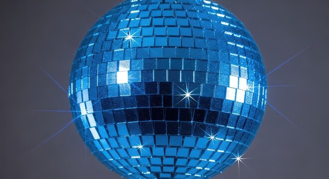 A vibrant blue disco ball featuring sparkling glitter and shiny light reflections, ideal for dance parties and festive music celebrations, reflection, backdrop, celebration
