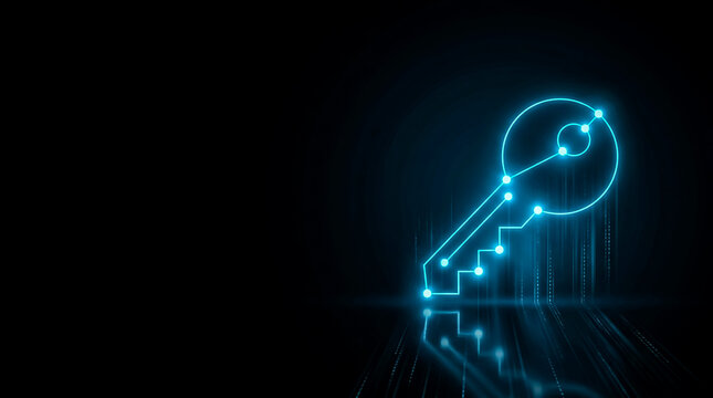 A glowing digital key symbol overlaid on a binary code pattern, representing technology, encryption, and digital security.