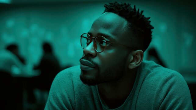 Deep Thought: A man in spectacles, with a thoughtful expression and a dark complexion, sits in a dimly lit environment, his gaze fixed on something out of frame.