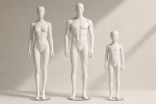 Minimalist White Mannequins Set &ndash; Adult Male, Female and Child Body Proportions in Studio Lighting, Fashion Dummies