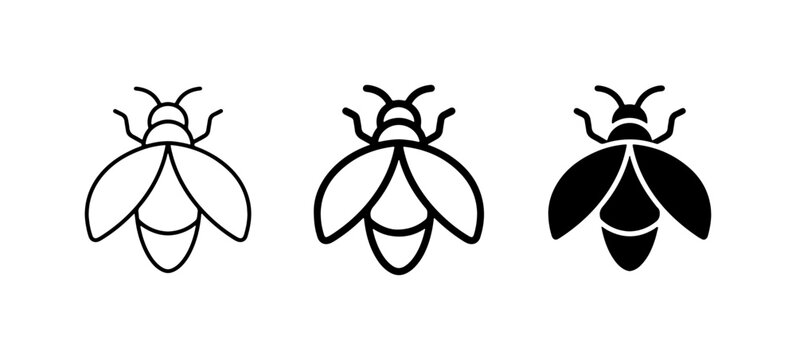 Three Insect Icons: Outline, Line Art, and Solid Fill Styles for Firefly and Bee Graphics