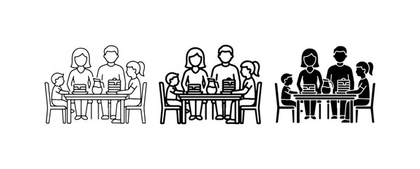 Fototapeta premium Family Meal Icons, Dinner Table Scenes, People Gathering Vector Graphics