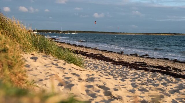Static 4K shot of a sandy beach with dunes in the foreground, kitesurfers and sailboats in the background under a late afternoon sky at Carnac, France.